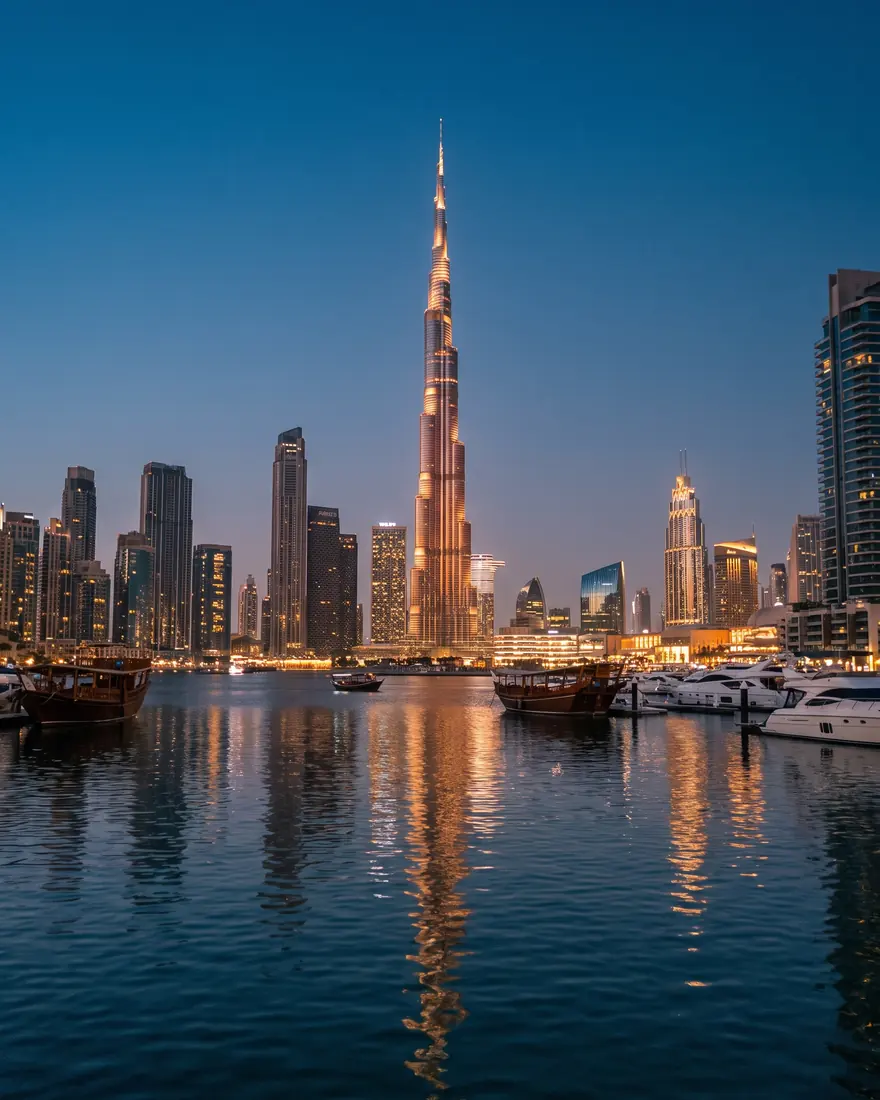 Skyline de Dubái con el Burj Khalifa al anochecer